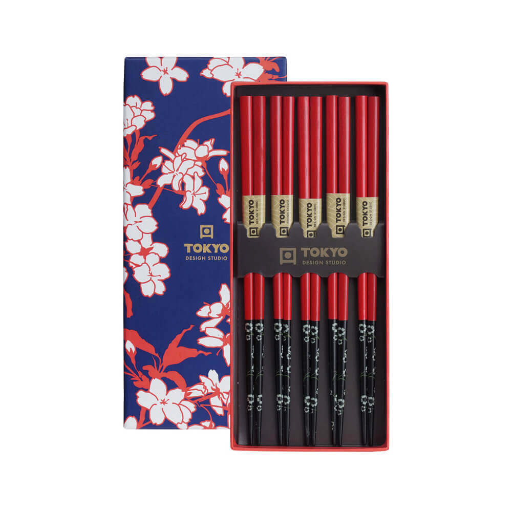 Tokyo Design Studio Red Black Floral Set of 5 Chopsticks Giftset